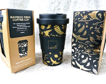 Taza de viaje de bambú con diseño floral – Diseño de jardín de pájaros