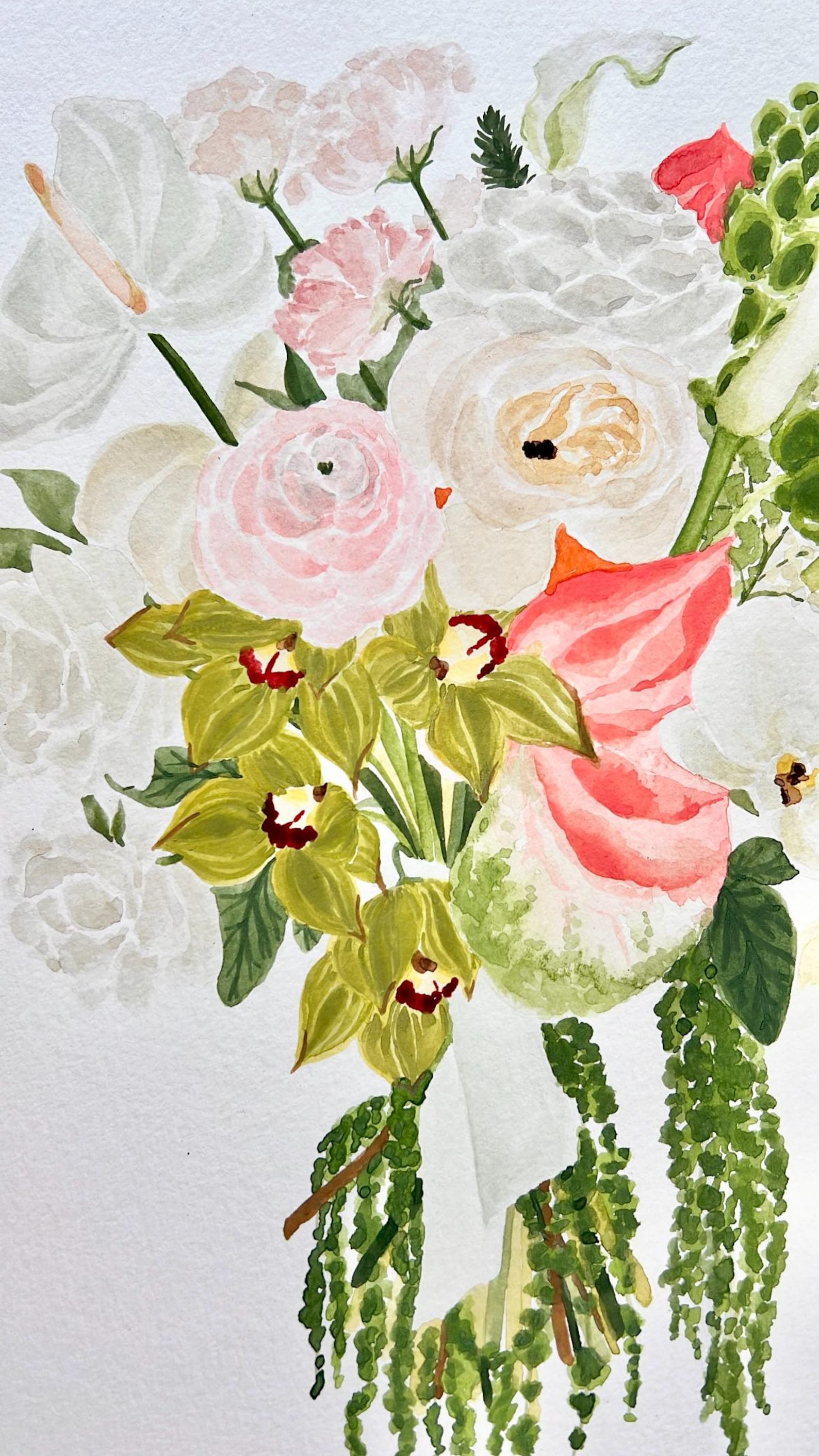 Wedding Bouquet Preservation Art - Hand-painted Bridal Keepsake - 16x20 w/date or name inches