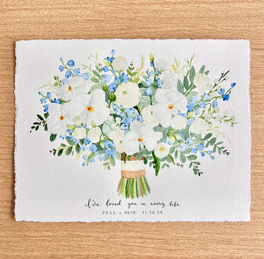 Wedding Bouquet Preservation Art - Hand-painted Bridal Keepsake - 8x10(add words/date) inches