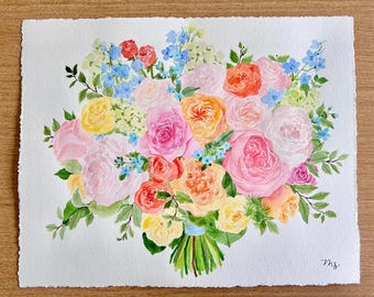 Bridal Bouquet Watercolor Painting - Heirloom Wedding Keepsake