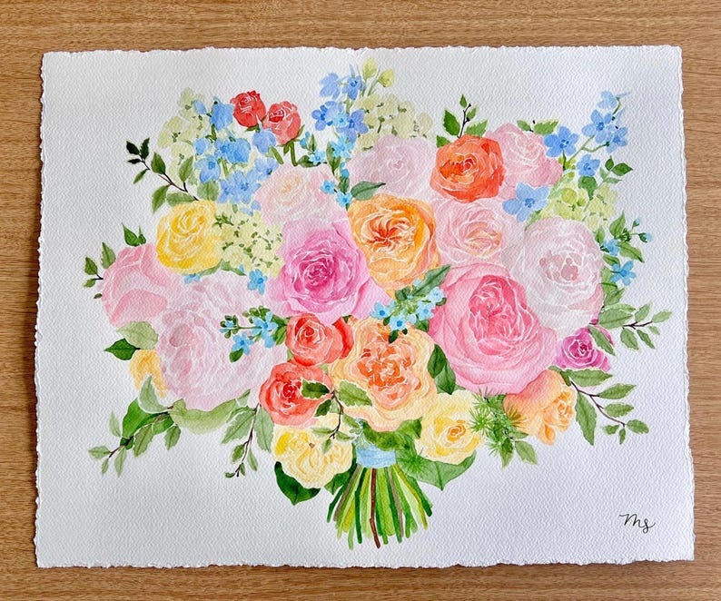 Bridal Bouquet Watercolor Painting - Heirloom Wedding Keepsake