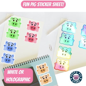 Fun Pig Emoji Sticker Sheet - 8 Stickers, 4 Colors - White or Holographic vinyl sticker