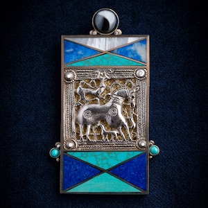 Horse Pendant with Hematite, Lapis Lazuli, Nacre, Turquoise, Bronze Age Inspired Handmade Jewelry, Gift for Horse Lover, Ethnic Silver Charm