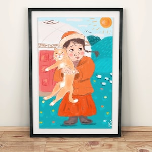 Ragazza kazaka e gatto, amicizia, nursery, opera d’arte, Kazakistan, Uzbeco, tradizionale, stampa artistica, decorazione da parete, poster, etno, Asia centrale, Boho
