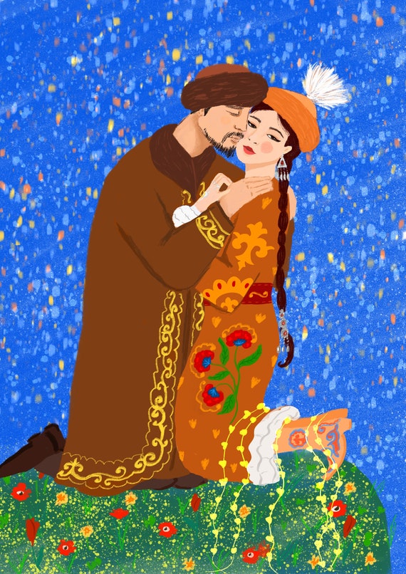 Kazakh Kiss Art Print, Couple Illustration, Central Asia Wall