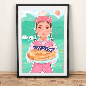 Kazakh Greeting, Kazakh, Original Artwork, Kazakhstan, Traditional, Nursery, Art Print, Wall Decor, Poster, Ethno, Central Asia, Boho