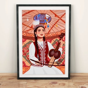 Kazakh Traditional Ethic Woman with Kobyz instrument, Music, Yurt, A4, 30 x 40, 50 x 70, Art Print, Wall Decor, Poster, Central Asia, Ethno