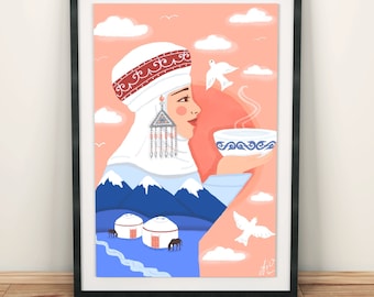 Femme de l'ethnie kazakhe, auteur Aizhan Omarova, soleil, paysage, oiseaux, yourte, A4, 30 x 40, 50 x 70, impression d'art, décoration murale, affiche, ethno, Asie