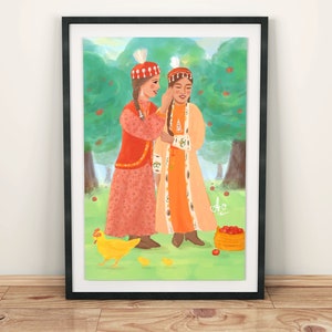 Kasachische Mädchen, Freunde, Turkic, Original Kunstwerk, Kasachstan, Usbekisch, Traditionell, Kunstdruck, Wanddekoration, Poster, Ethno, Zentral Asien, Boho