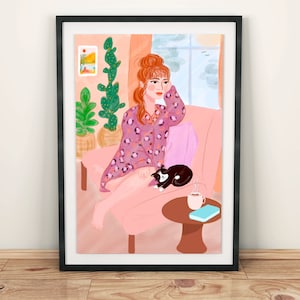 Entspannung im Schlafanzug, Gemütliches Zuhause, A4 (21 x 30), 30 x 40, 50 x 70, Zuhause, Katze, Kunstdruck, Wanddekoration, Poster