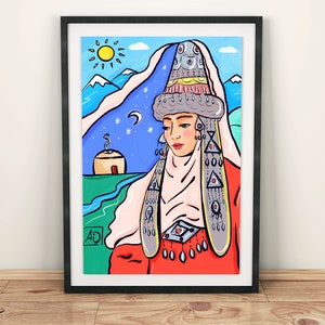 Ethnic Kazakh Woman, Author Aizhan Omarova, Original Artwork, Kazakhstan, Traditional, Art Print, Wall Decor, Poster, Ethno, Central Asia