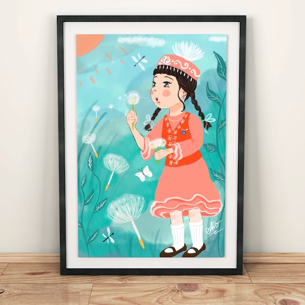 Kazakh Kid, Make A Wish, Turkic, Original Artwork, Kazakhstan, Uzbek, Traditional, Art Print, Wall Decor, Poster, Ethno, Central Asia, Boho