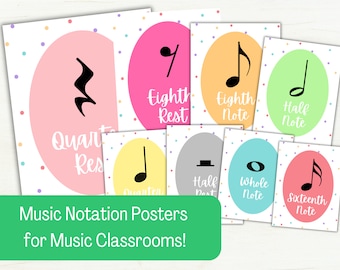 May include: Colorful music notation posters with a polka dot background. The posters feature different note and rest values, including quarter rest, eighth rest, eighth note, half note, whole note, and sixteenth note.