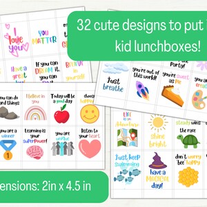 May include: 32 colorful printable cards with positive messages for kids. The cards feature illustrations of a rainbow, a pie, a turtle, a rocket, a cookie, a witch, a heart, a brain, a flower, a sun, a moon, a beehive, a paint palette, a rock, an apple, a smiley face, a number one, a map, and more. The cards are 2 inches by 4.5 inches.