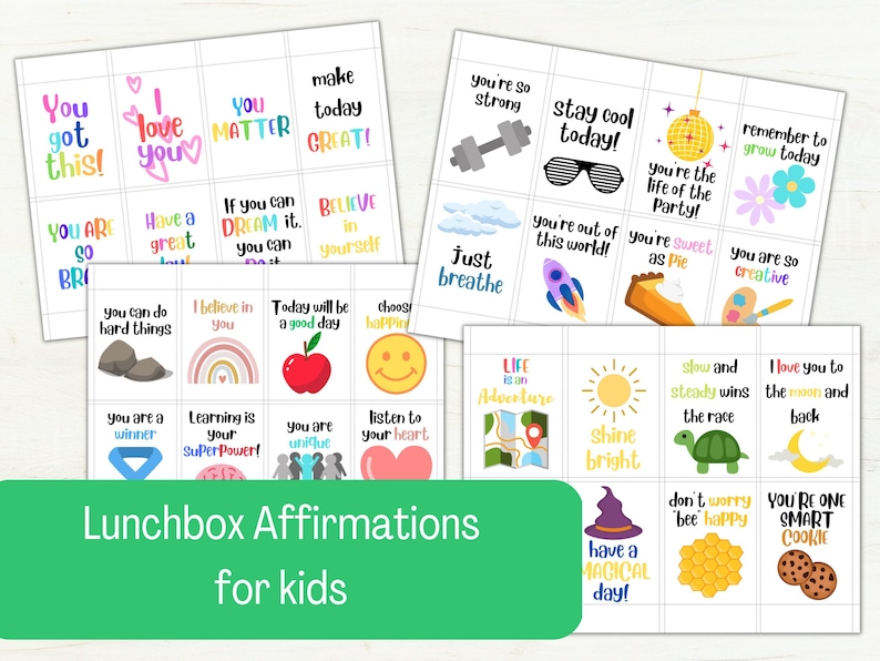 May include: A set of colorful affirmation cards for kids with positive messages like "You got this!" and "You are a winner!" The cards are designed to be placed in lunchboxes to encourage and inspire children.