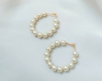 Pearl Hoop Earrings, Small Pearl Hoops, Pearl Earrings, Huggie Hoops, Dainty Earrings, Minimalist Earrings, Wedding Jewelry, Gold Hoops