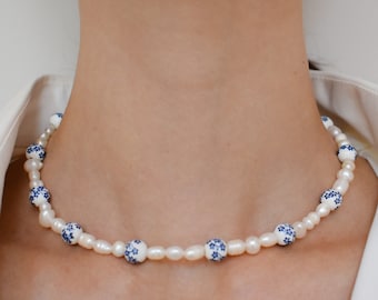 blue porcelain pearl necklace, blue flower beaded necklace, freshwater pearl and ceramic beaded choker,  blue white daisy necklace