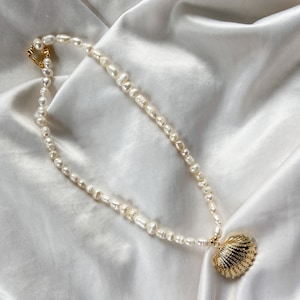 Gold Shell Pearl Necklace, Handmade Beach Jewelry, Boho Mermaid Pendant, Summer Gift for Her