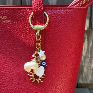 Coastal Beaded Bag Charm with Shell & Pearl | Gold Keychain for Purse | Cute Gift for Her | Ocean Lover Accessory