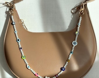 Pearl Evil Eye Bag Chain – Beaded Multicolor Charm Accessory, Protective Purse Chain Clip, Trendy Stocking Stuffer for Christmas