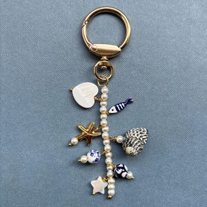 Blue Beaded Bag Charm: Pearl, Shell, & Evil Eye Purse Jewelry
