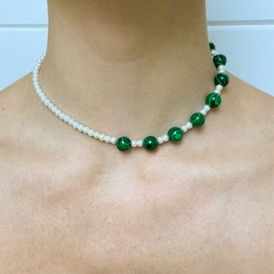 Beaded malachite necklace, seed pearl necklace, gemstone statement necklace, healing jewelry, layering necklace, gift for her, choker