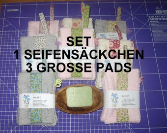 Seifensäckchen und 3 Kosmetikpads, Baumwolle 100% , zero waste, Wiederverwendbar, Umwelt, Kosmetik, Wellness, Geschenk, nachhaltig, waschbar