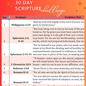 May include: A 30-day scripture challenge chart with a red and orange background. The chart lists a different scripture verse for each day of the month. The scripture text is included next to the verse.