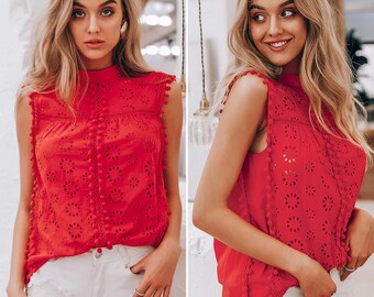 cotton ruffle shoulder light red stripes thin flutter sleeve v neck Vintage summer blouse sleeveless