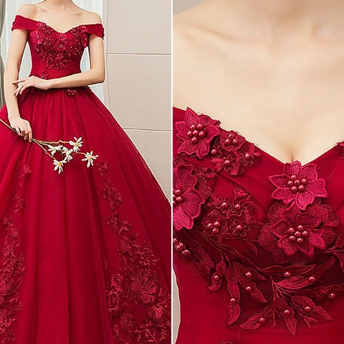 Red Prom Dress Embroidered With Flowers for Party / Red Prom Etsy
