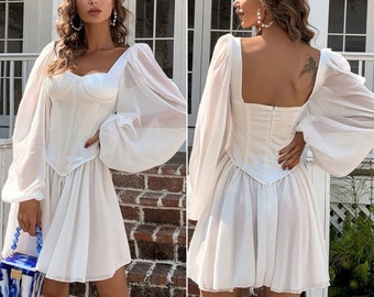 Puffy Sleeve White Dress Corset 