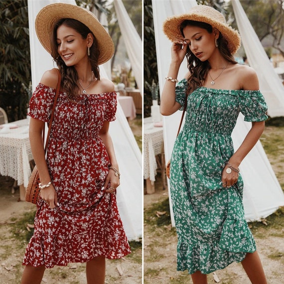 Elegant Midi Dress Floral off Shoulder 