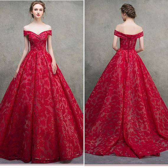 Red Prom Dress Embroidered With Flowers ...