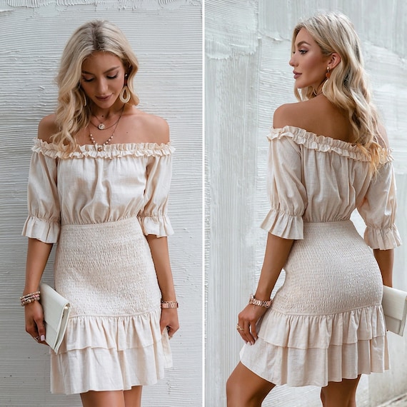 Beige Casual Short Dress for Women 