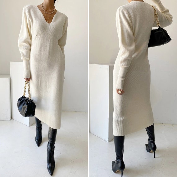 White Long Sweater Dress Knitted for 