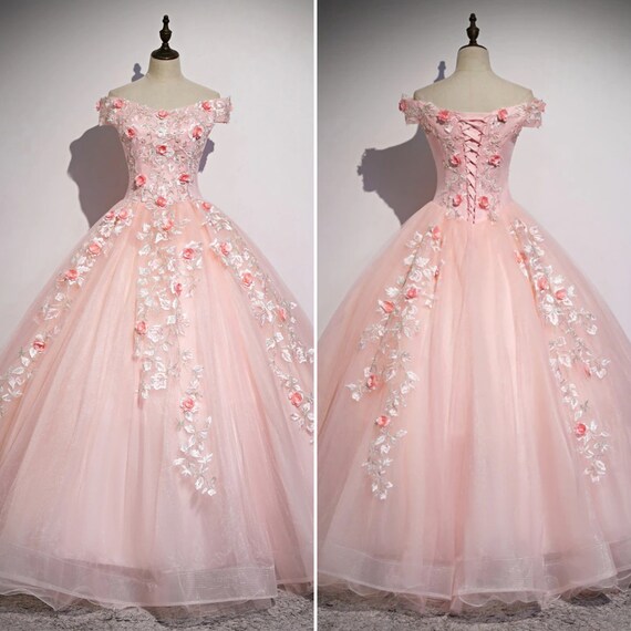 light pink off the shoulder prom dress