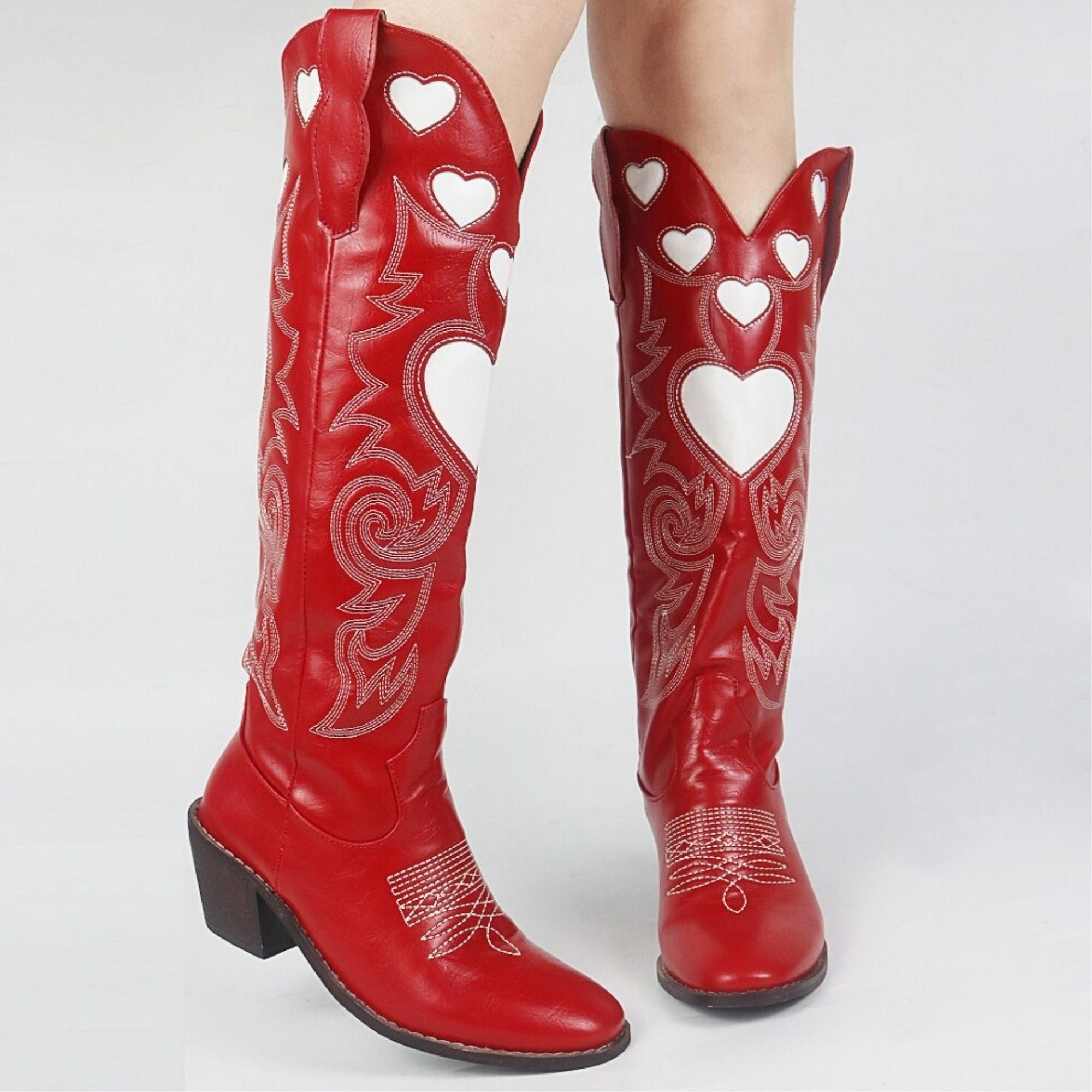 Mid-Calf Boots Cowgirl with A Heart Decor, Red Mid-Calf Cowgirl Boot, Handmade Boot Cowgirl Embroidered Heart, Wedding Cowgirl Boot