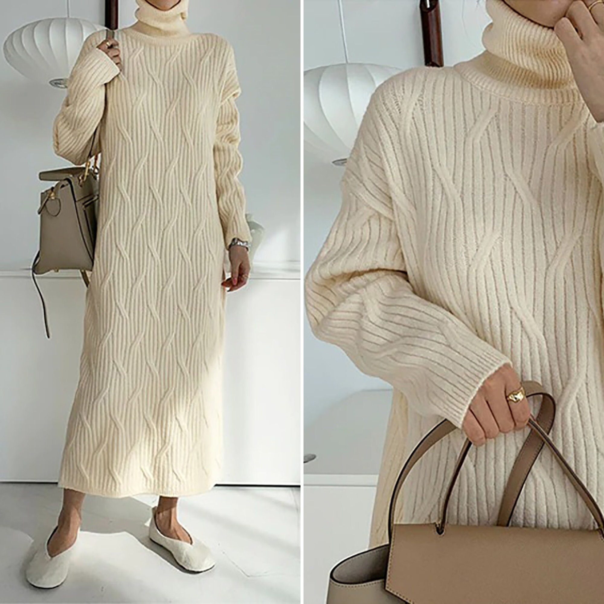 Winter Sweater Dress Knitted with Turtleneck for Women, Maxi Sweater Dress for Women, Beige Sweater Dress High Neck for Women