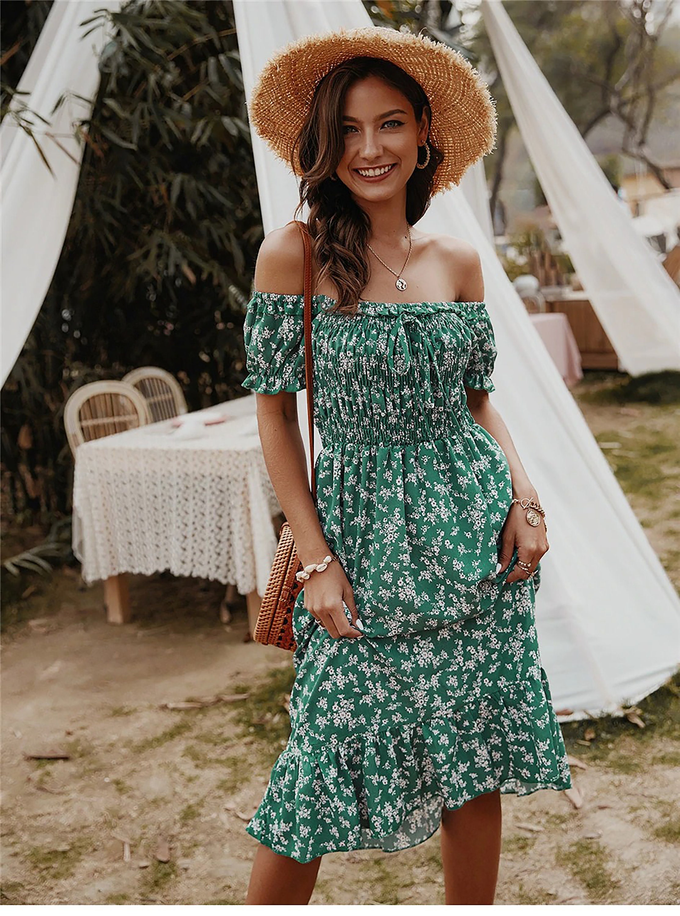 Elegant Midi Dress Floral off Shoulder 