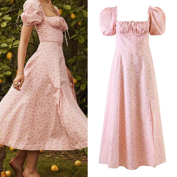 VINTAGE Cottage Core Pink Whimsical Floral Print Prairie Maxi Dress Size 14