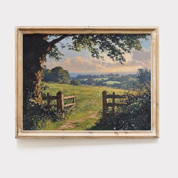 Impressão de campo britânico, pintura de campo inglês, impressão de arte de paisagem, decoração cottagecore