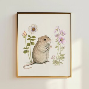 May include: A watercolour illustration of a small brown mouse sniffing a pink flower. The mouse is surrounded by green plants and white and pink flowers.