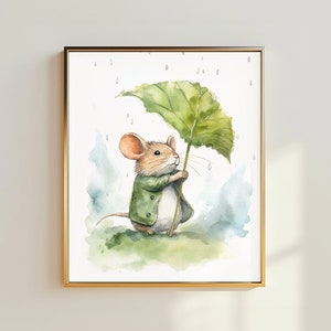 Rainy Day Field Mouse Printable, Softness Art Print, Cottagecore Nursery Decor, Countryside Wildlife Art, British Instant Digital Download