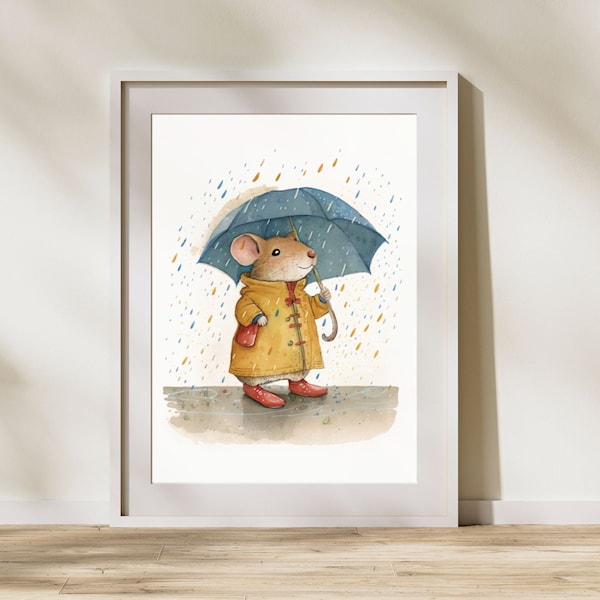 Rainy Day Mouse Printable, Softness Art Print, Cottagecore Nursery Decor, Countryside Wildlife Art, British Instant Digital Download