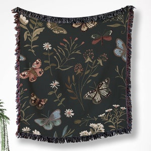 Dark Floral Butterfly Blanket Wildflower Woven Blanket Bedding Butterflies Picnic Blanket Cottagecore Throw Blanket Woven Tapestry