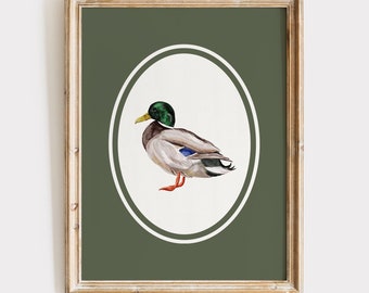 Mallard Duck Print, Duck Painting, Sage Green Decor, British Garden Birds, Bird Painting, Bird Watching Gifts