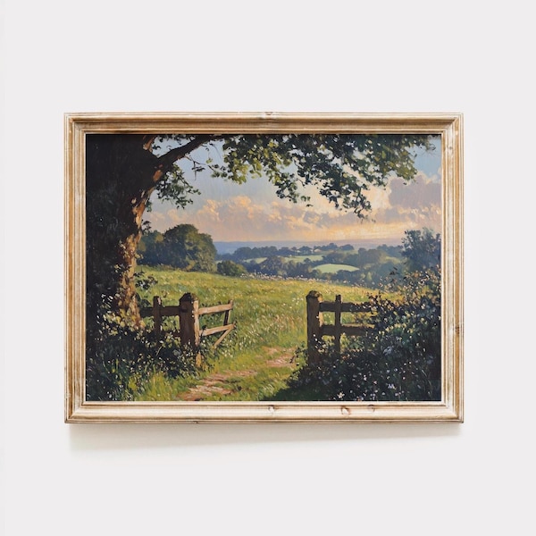 Impressão de campo britânico, pintura de campo inglês, impressão de arte de paisagem, decoração cottagecore