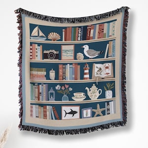 Seaside Cottage Blanket Coastal Bookcase Woven Blanket Bedding Beach Picnic Blanket Light Academia Cottagecore Throw Blanket Woven Tapestry