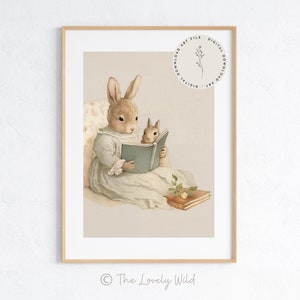 Mother Bunny Rabbit Reading To Baby Wall Art, Softness Watercolor Art Print, Cottagecore Decor Printable, Countryside Wildlife Illustration