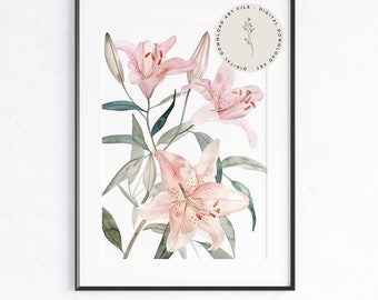 Watercolor Pink Lily Flowers Wall Art Cottage Print Cottagecore Botanical Decor Printable Countryside Floral Illustration Digital Download